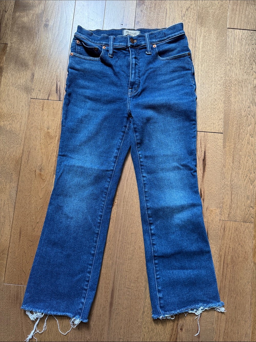 Madewell Dark Blue Flared Jeans with Frayed Hem